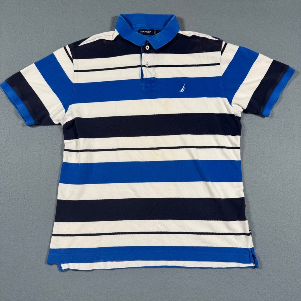 Nautica Polo Shirt Men Large Blue White Striped Short Sleeve Cotton Classic Logo